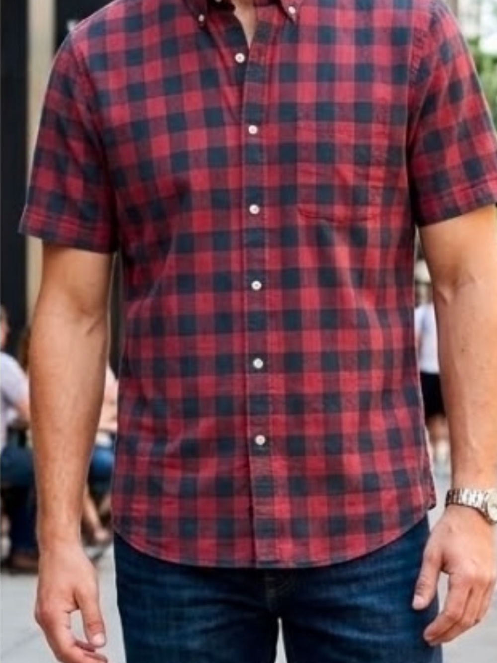 Faherty Red and Black Plaid Short-Sleeve Button-Down soft red